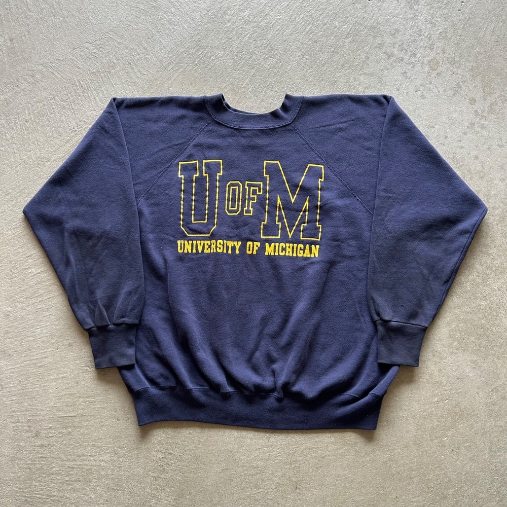Vintage 80s Michigan Wolverines Sweatshirt Size XL Navy Blue Big Logo Crewneck